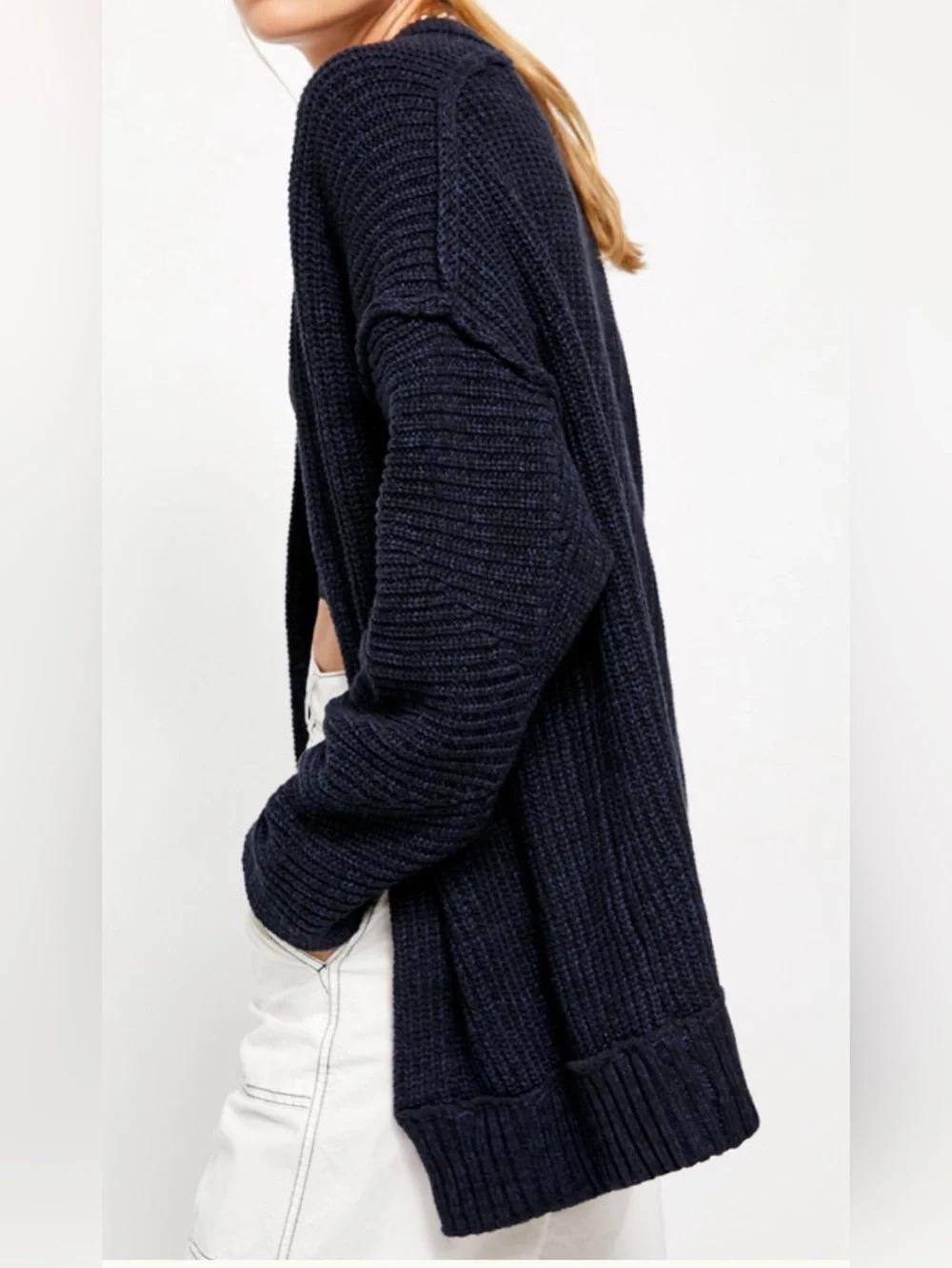 Free People High Hopes Navy Blue Ribbed Knit Open Front Cardigan Sweater Size S